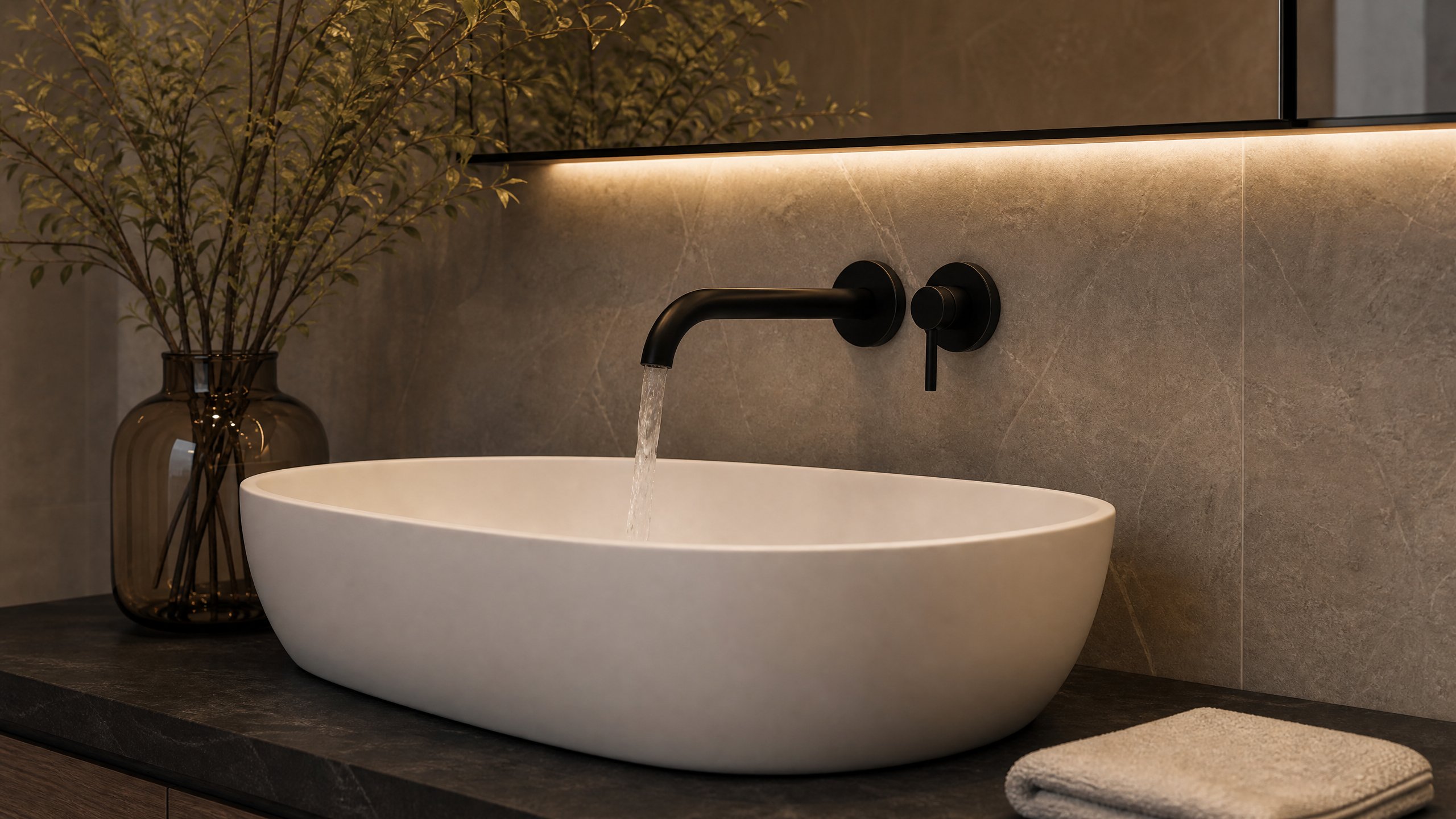 Baño de spa moderno con encimera de dekton negro reformado en Costa del Sol