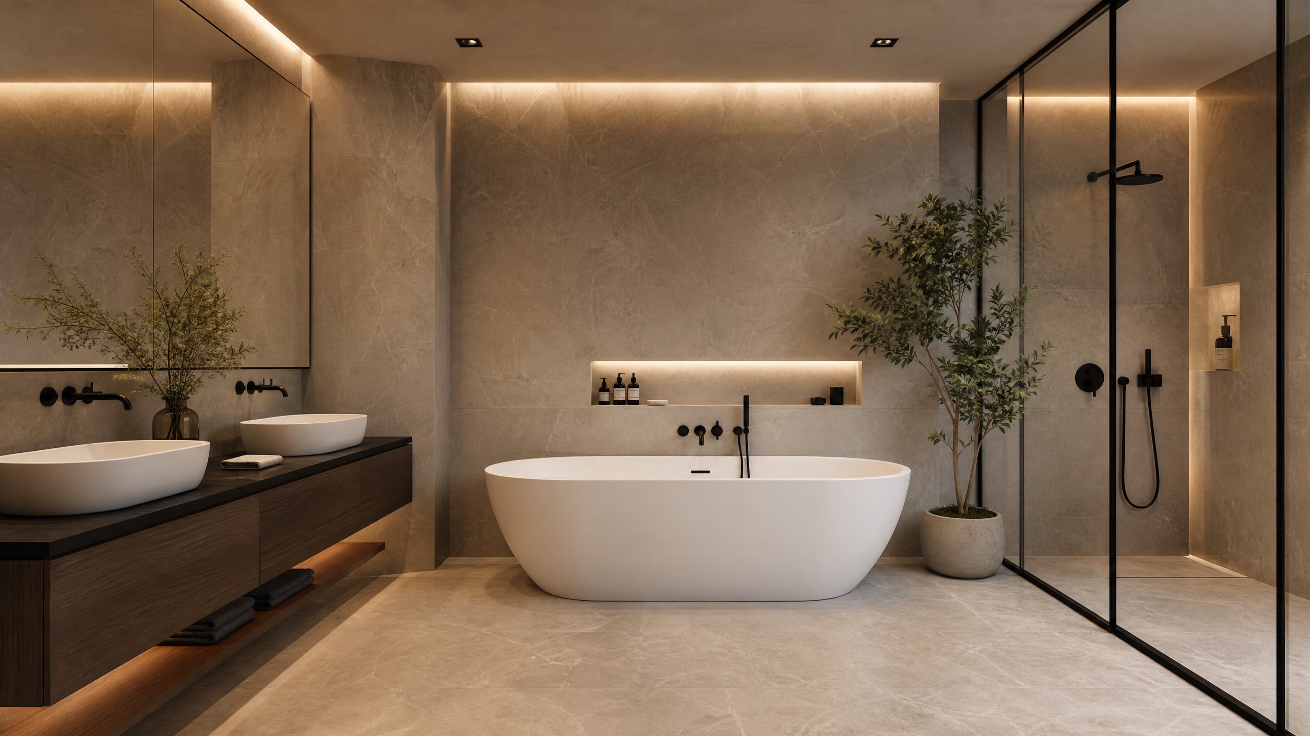 Baño lujoso minimalista con bañera exenta