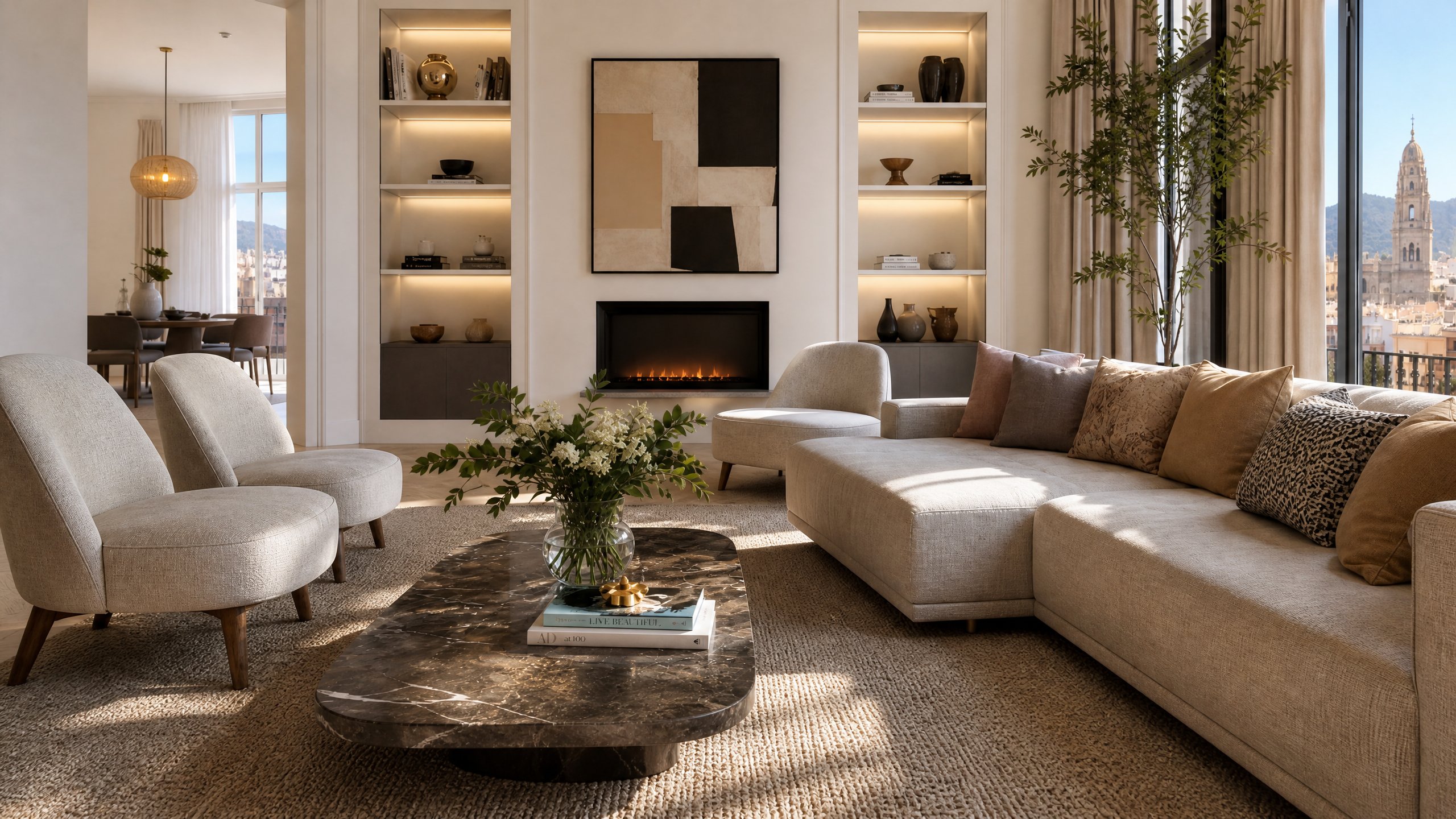 Salón de lujo reformado por Kitchee Haus con chimenea y vistas a Málaga