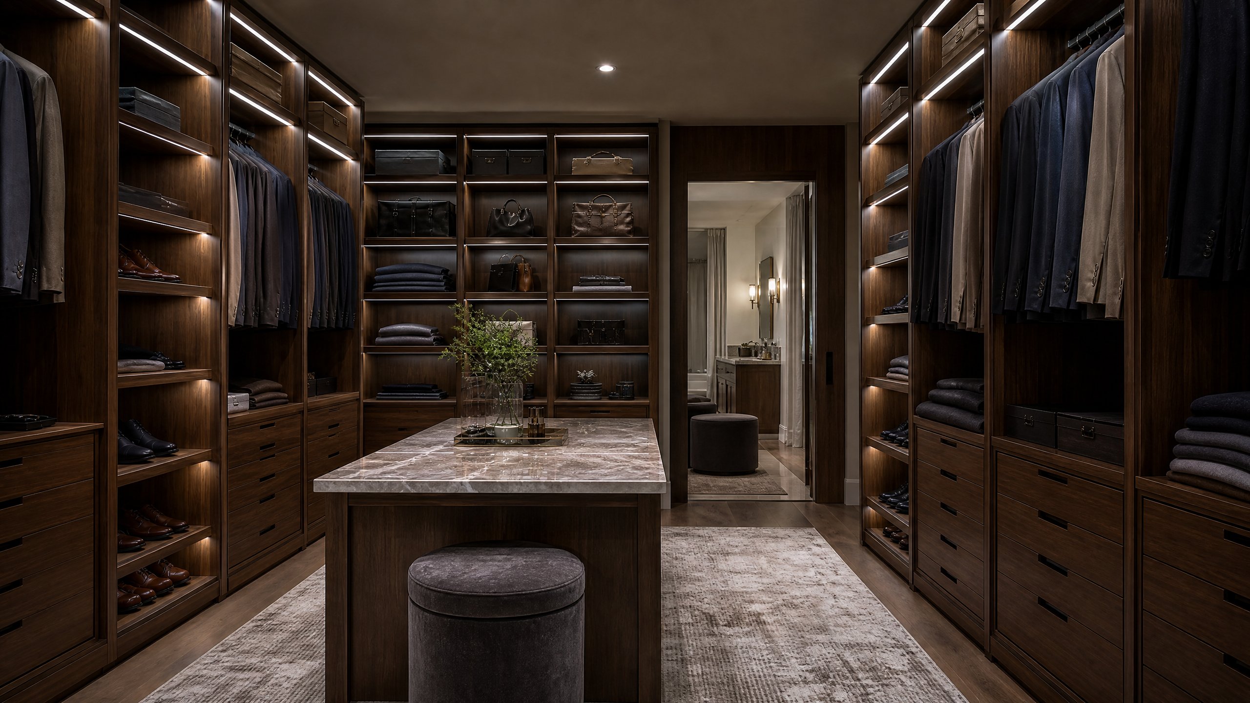 Vestidor walk-in a medida en nogal con isla central, proyecto de Kitchee Haus